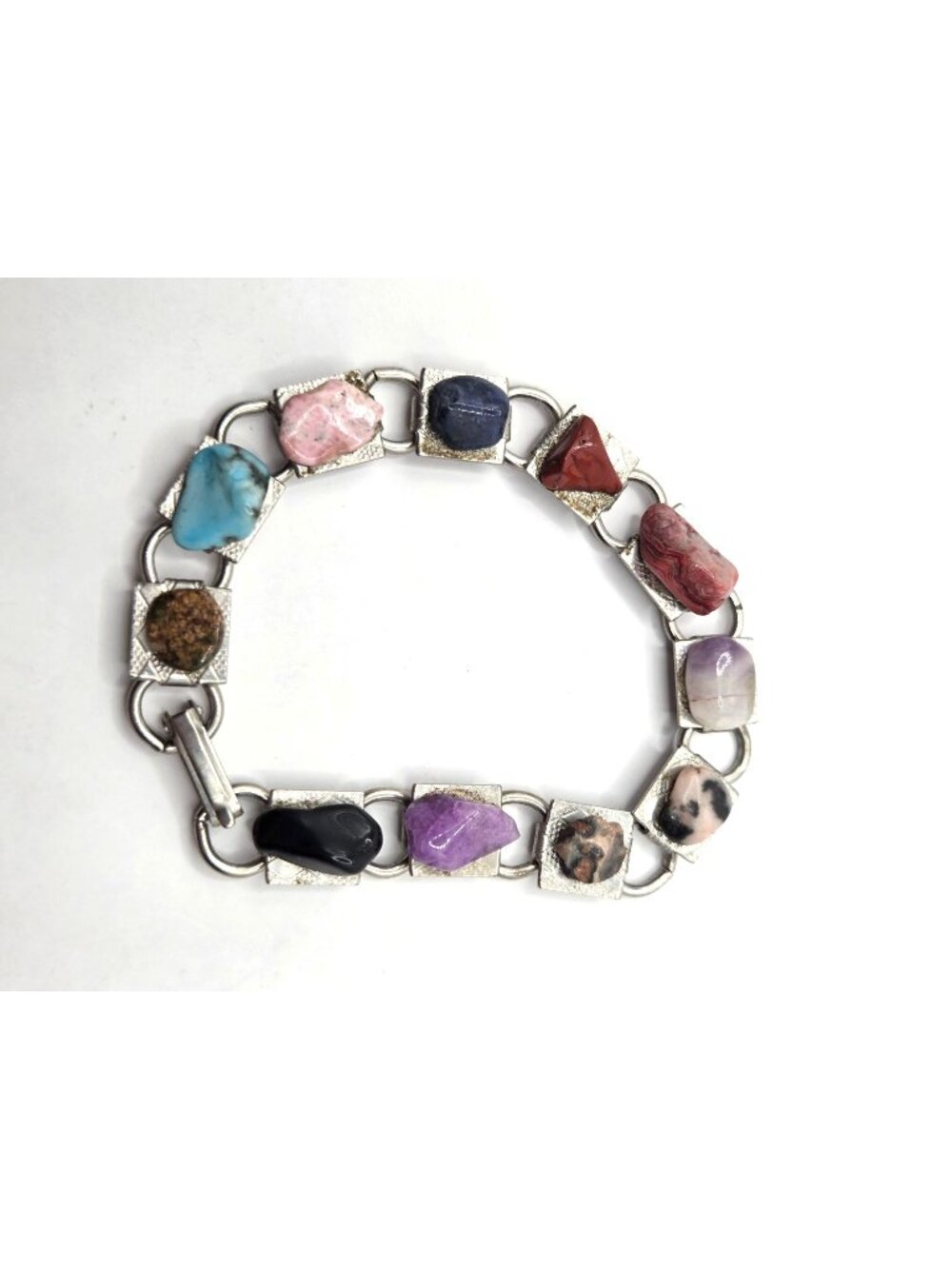 Vintage Multi-Stone Silver-Tone Bracelet With Natural Gemstones & Textured Links